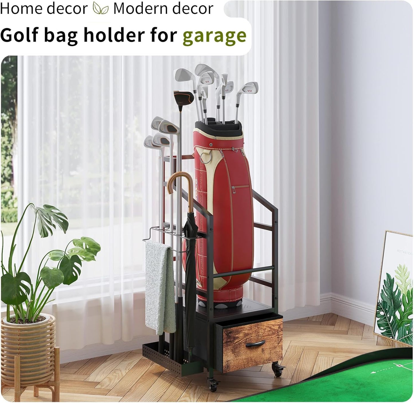 Golf Bag Organizer Rack with Wheels, Golf Storage Organizer for Garage,Golf Stand & Accessories,Brown Garage Organizer Fit Single Golf Bags
