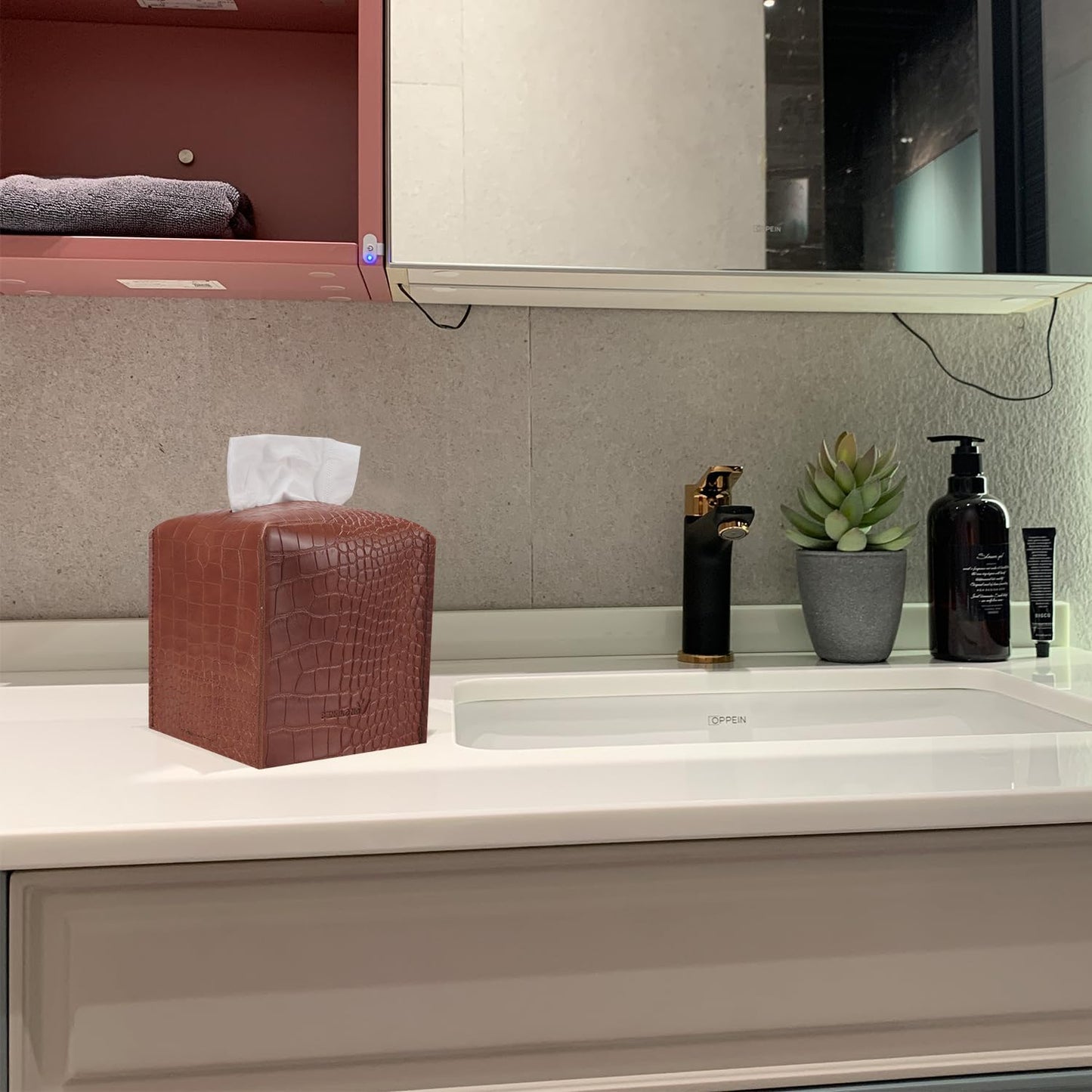 Tissue Box Cover 5X5X5'' PU Leather Tissue Holder Square Tissue Cube Box Organizer for Bathroom Vanity Countertop, Car, Night Stands, Office, Home, Kitchen (SnakeBrown, 1Pack)