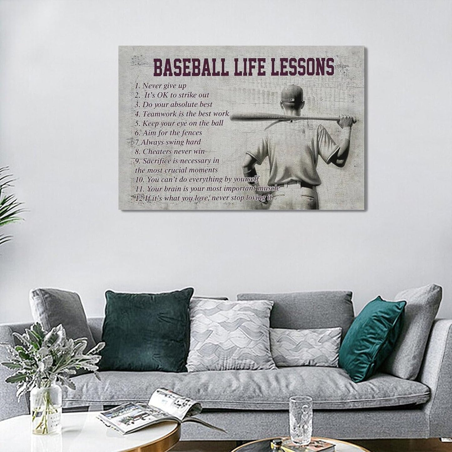 Baseball Sports Wall Art Baseball Life Lessons Wall Decor Baseball Sign Retro Poster Boy Men Motivational Decorations Canvas Print Painting Artwork for Bedroom Bathroom Living Room Gym 24"x16"