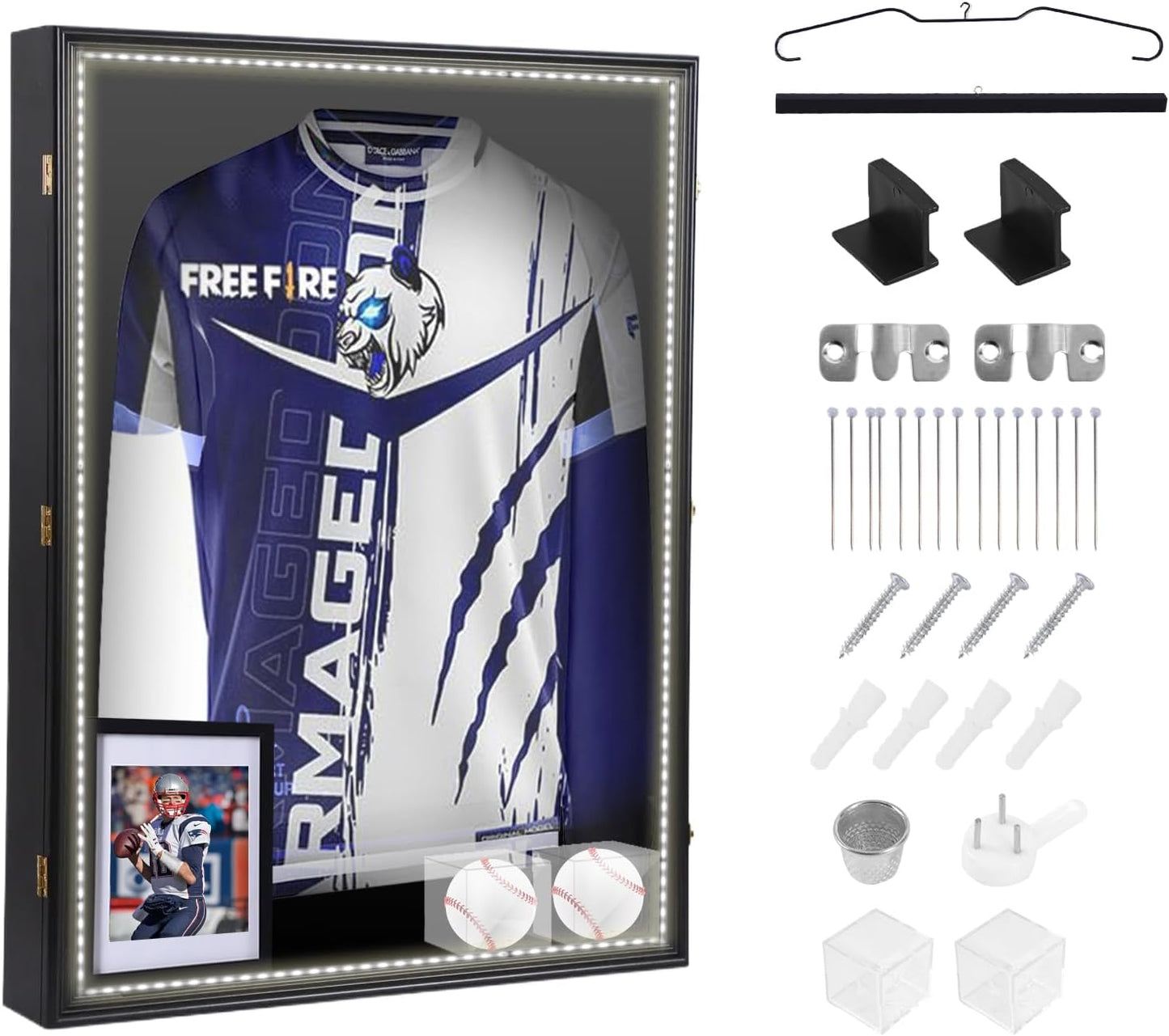 CDEN XL LED Jersey Frame, Extra Large Jersey Frame Display Case, Sweater Display Case, with 98% UV Protection, Hangers, LED Light Strip, with Baseball Case, Photo Frame, Power Bank Included (1-Pack)