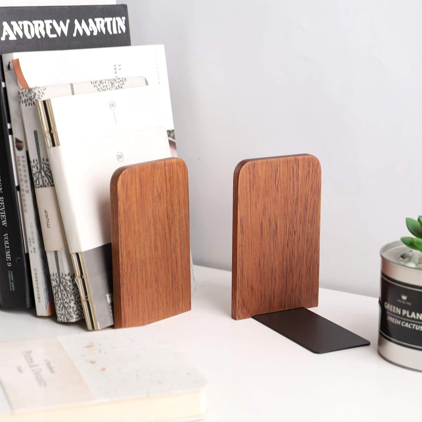 Muso Wood Book Ends for Shelves, Non-Slip Bookends, Heavy Duty Wooden Bookend Support for Books and Movies (Sapele 1 Pair)