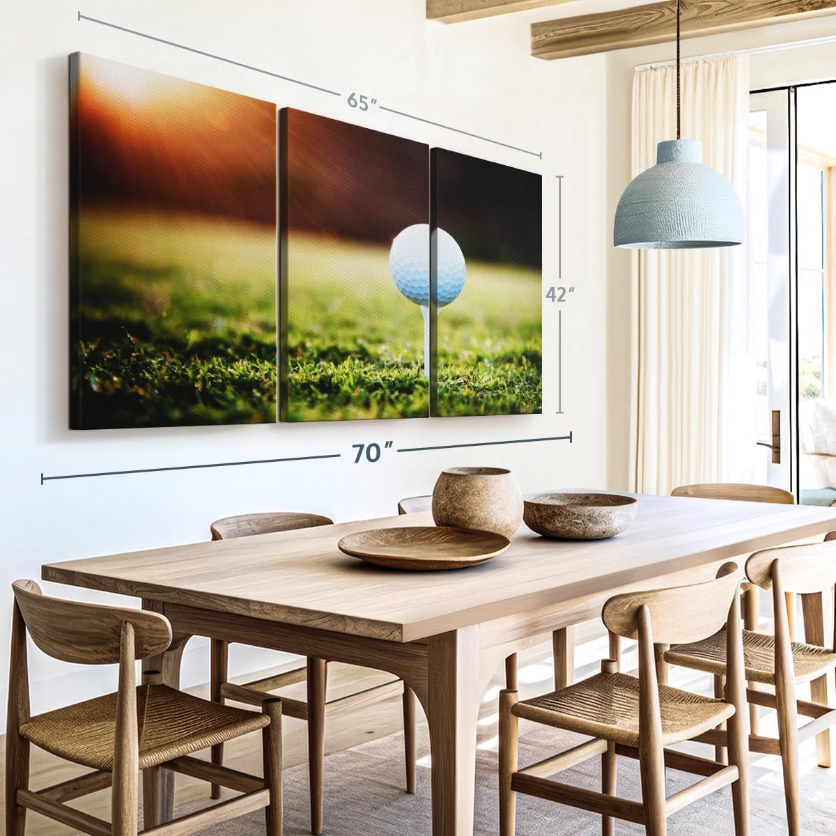 ElephantStock Golf Ball Tee Wall Art - Horizontal Canvas - 3-Piece Living Room Wall Decor - Photography Photographic Canvas Print - Black and White Decor for Wall - 65" X 42"