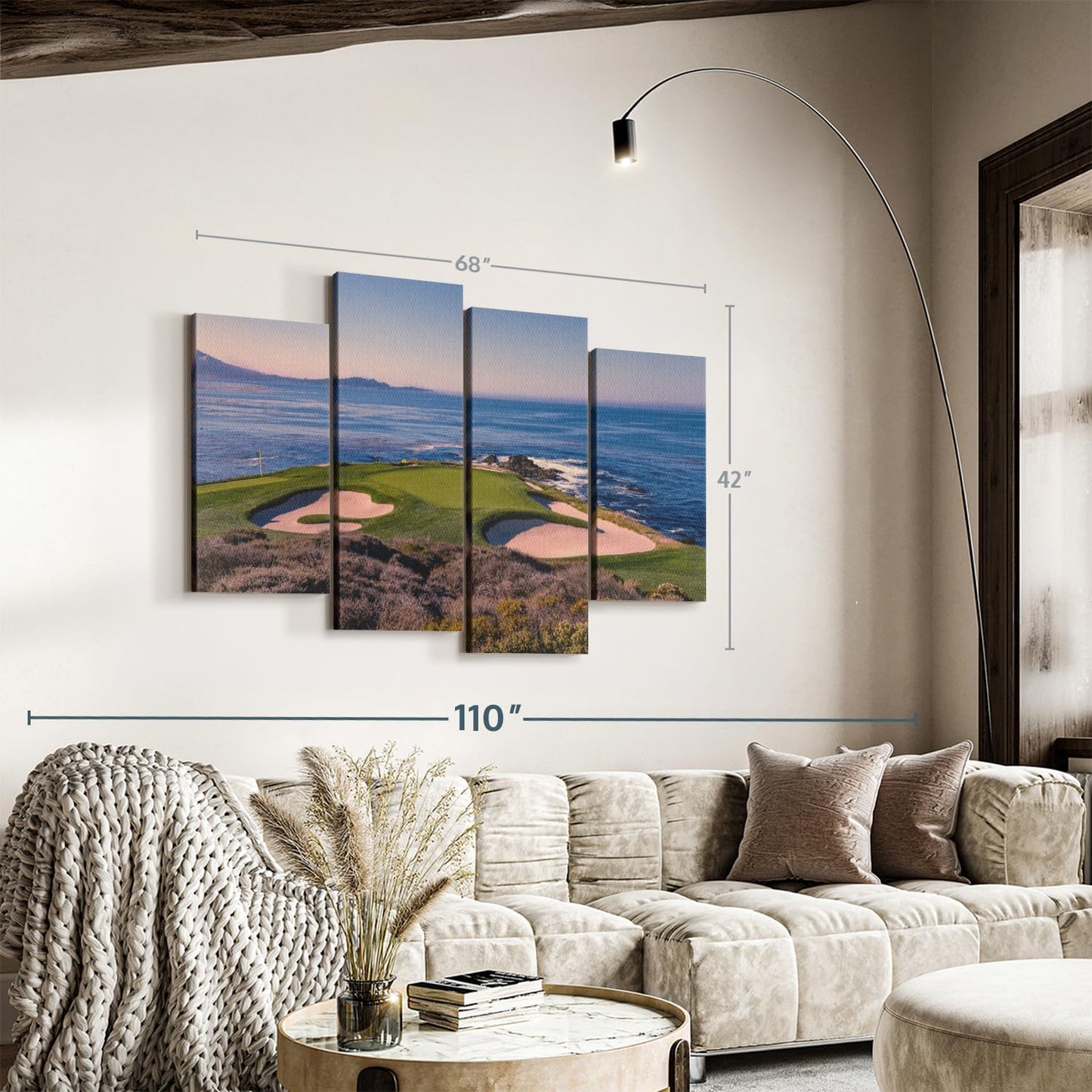 Elephant Stock Pebble Beach Golf Club Wall Art - Horizontal Canvas - 4-Piece Living Room Wall Decor - Luxury Photography Canvas Print - Beige and Blue Decor for Wall - 68" X 42"