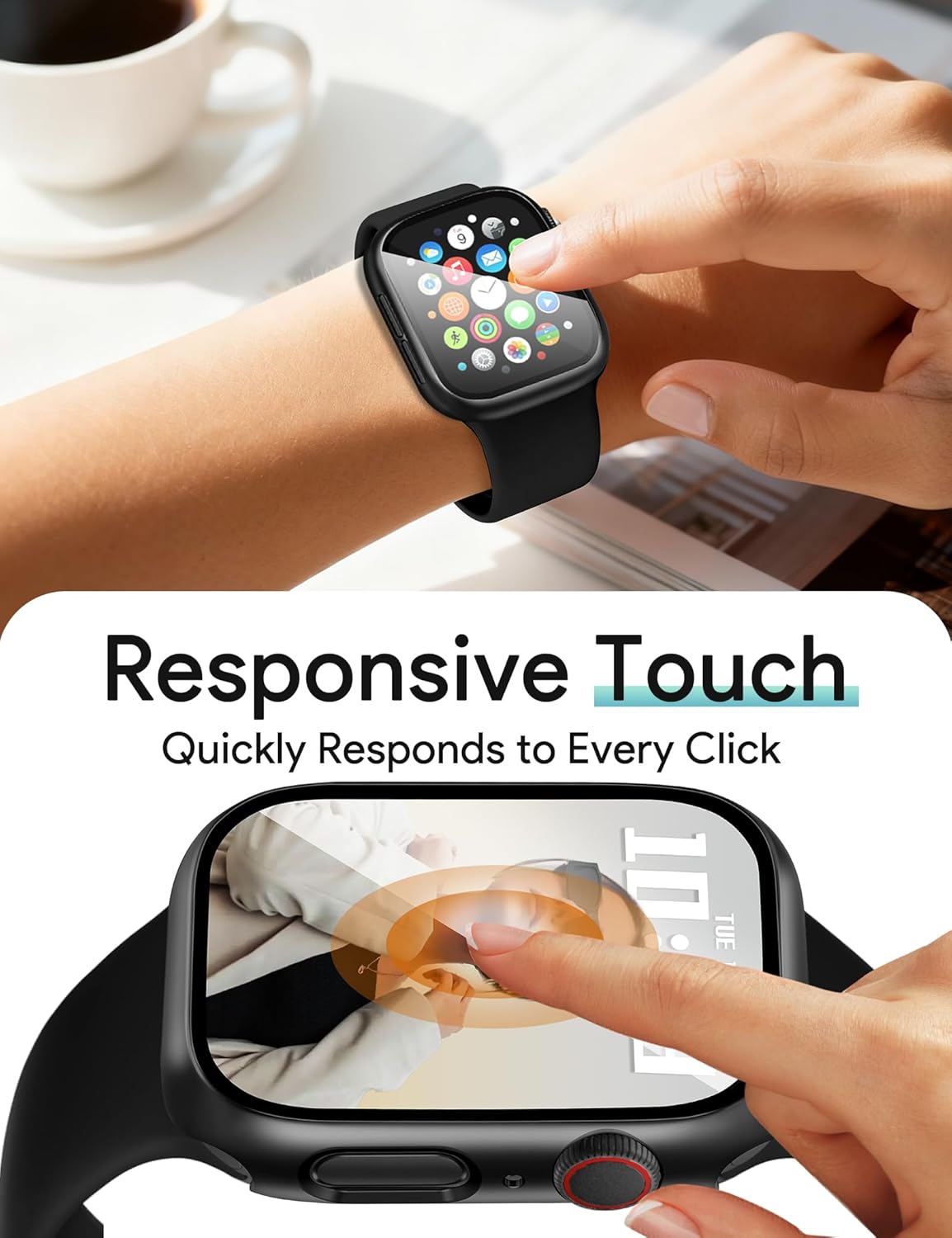 JR.DM 45mm 2 Pack Hard PC Case with HD Tempered Glass Screen Protector for Apple Watch Series 9/8/7, Slim Guard Bumper Full Coverage Protective Anti-Scratch Face Cover for iWatch, Black+ Black