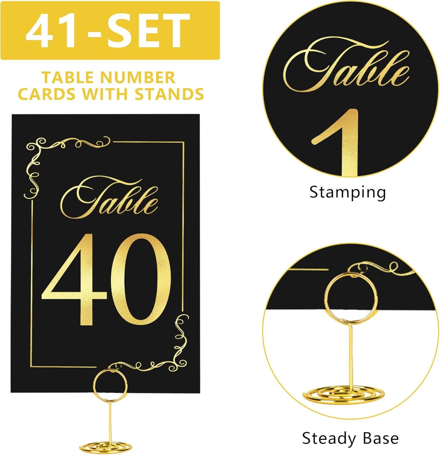 JOYIT 41 Sets Wedding Table Number 1-40 and Head Table Card with 41 Pcs Table Number Holders, Black Gold Table Number Cards with Place Card Holders, 4" X 6" Table Numbers Card for Wedding Reception