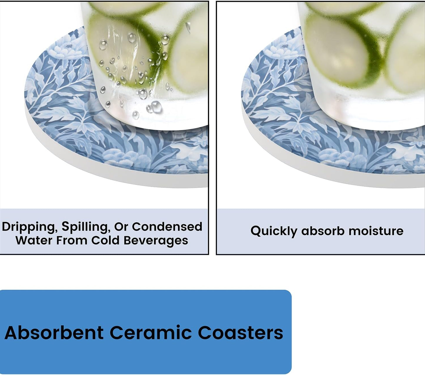 Ceramic Coasters for Drinks with Cork Back, Cyan White Floral 4 Inch Absorbent Coaster Set 2 Pack, Quick Dry Non-Slip Coaster Mats for Home, Office, Bar