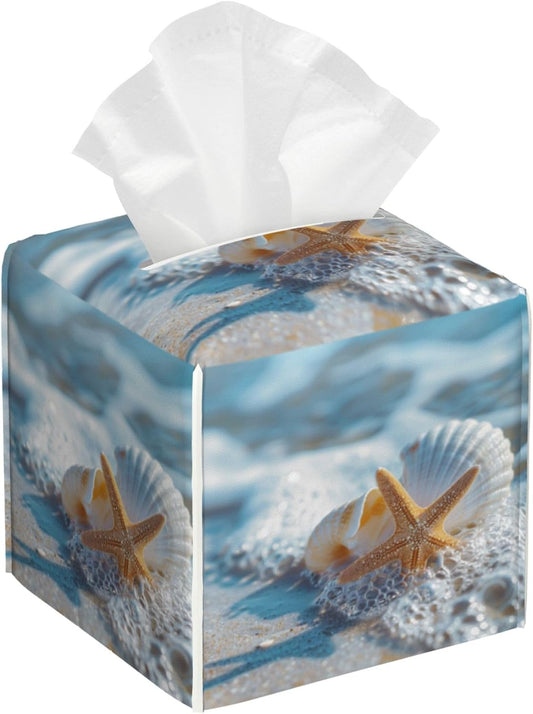 Shells Starfish on Beach Tissue Box Cover Square,Summer Ocean Shells Starfish Tissue Box Holder Waterproof Leather Facial Paper Organizer Dispenser for Bathroom Home Car Nightstand Vanity Desk