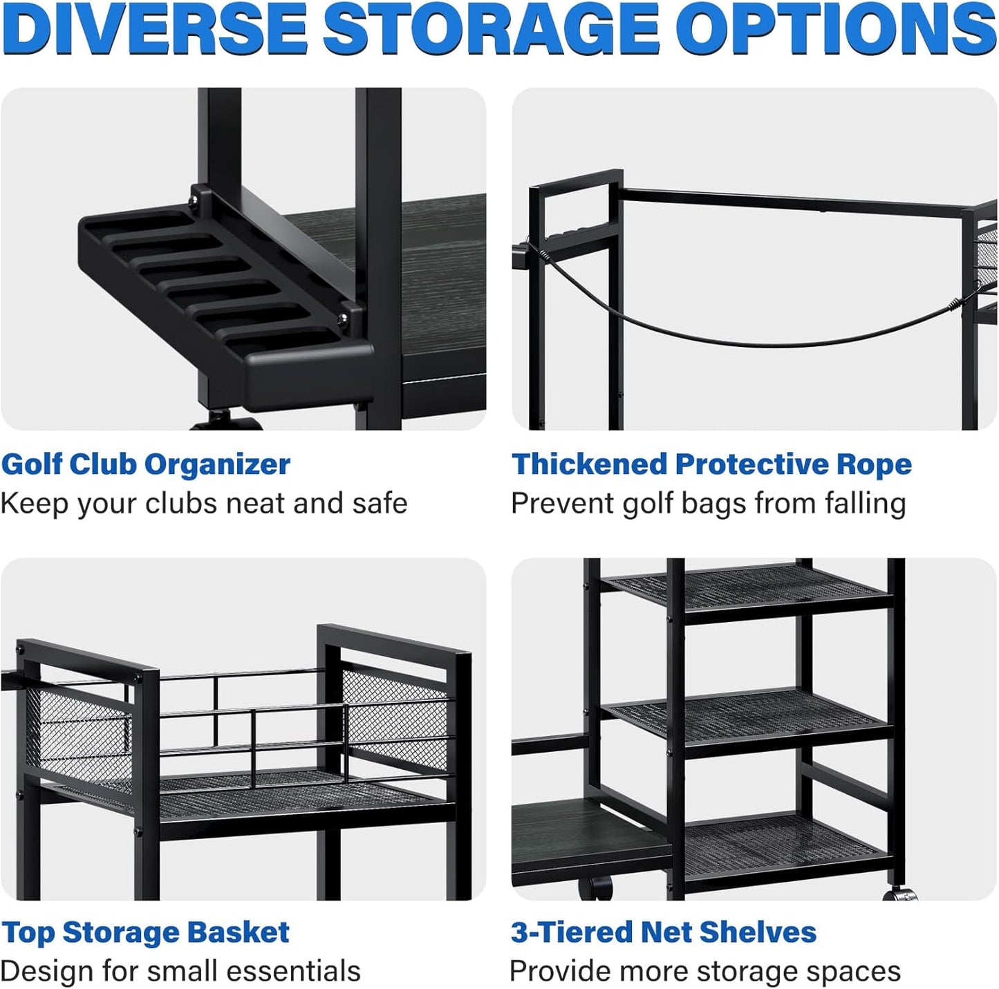 TC-HOMENY Golf Bag Storage Organizer for Garage, Golf Bag Stand with Wheels, Golf Bag Organizer for 2 Golf Bags, Golf Bag Accessories Storage Rack, Extra Golf Clubs Equipment Stand, Golf Bag Holder