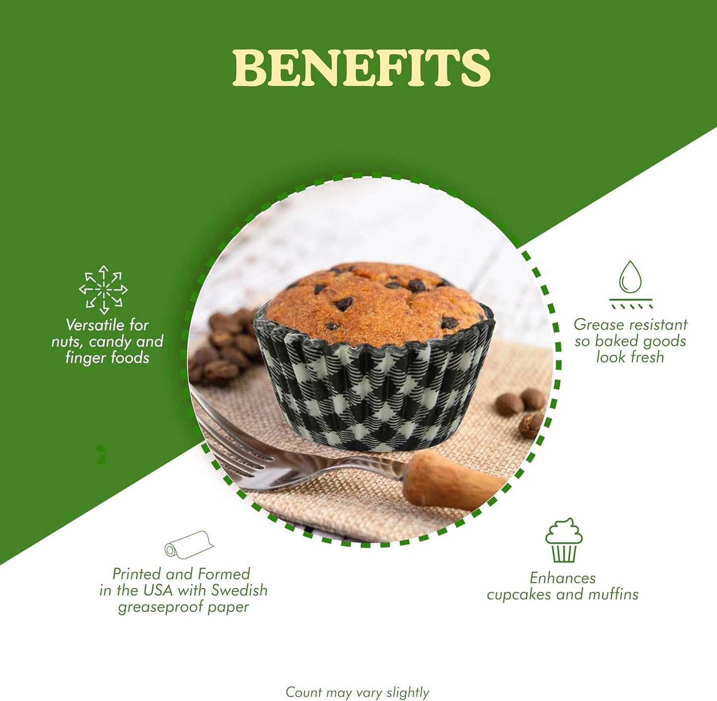 Regency Wraps Greaseproof Professional Grade Baking Cups, Pack of 40, Standard Liners, Black Gingham, for Cupcakes, Muffins, Candy, Non Stick