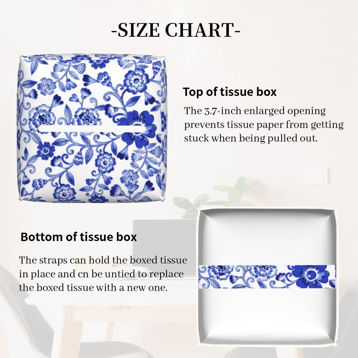 Tissue Box Cover,Blue and White Porcelain Flowers Pu Leather Square Tissue Box Cover Case Decorative Organizer for Bathroom Vanity Countertop Night Stands Office Desk & Car 5.2X5.2X5.2''