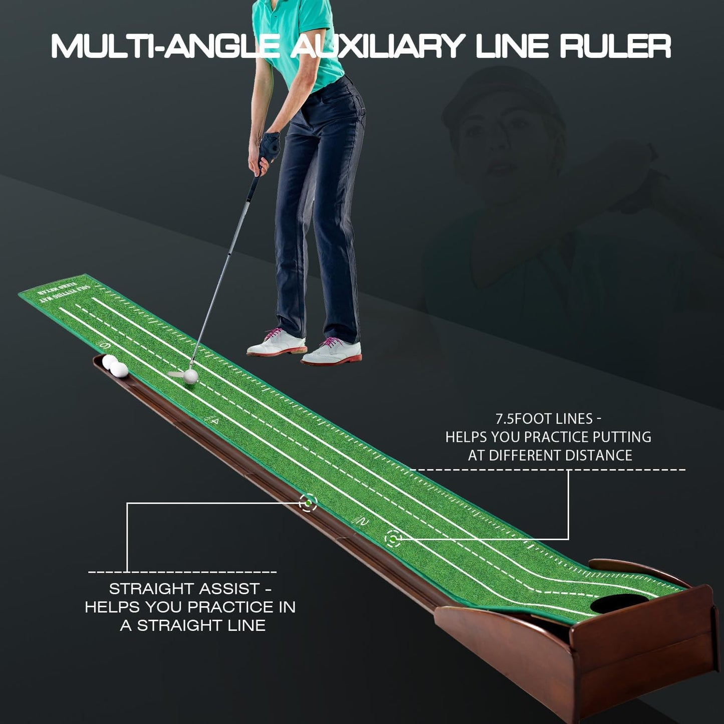 Putting Green Portable Indoor Putting mat，Includes Putting Practice Ball, Wrinkle-Free Mat, and Solid Wood Construction,Office, Living Room, Golf Gift