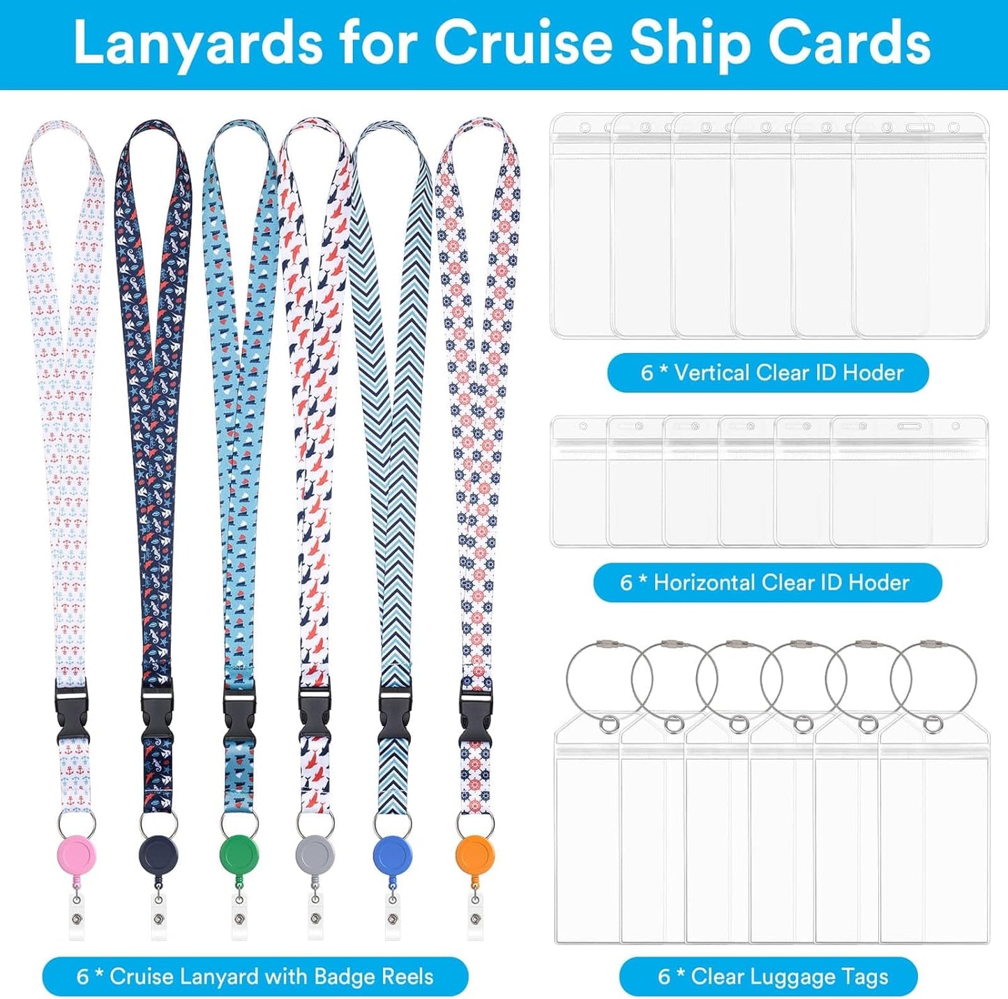 Billbotk Lanyards for Cruise Ship Card, 6 Sets Retractable Lanyard Key Card Holder Badge Reels with Waterproof Luggage Tags ID Holders Essentials Accessories RS5002MN
