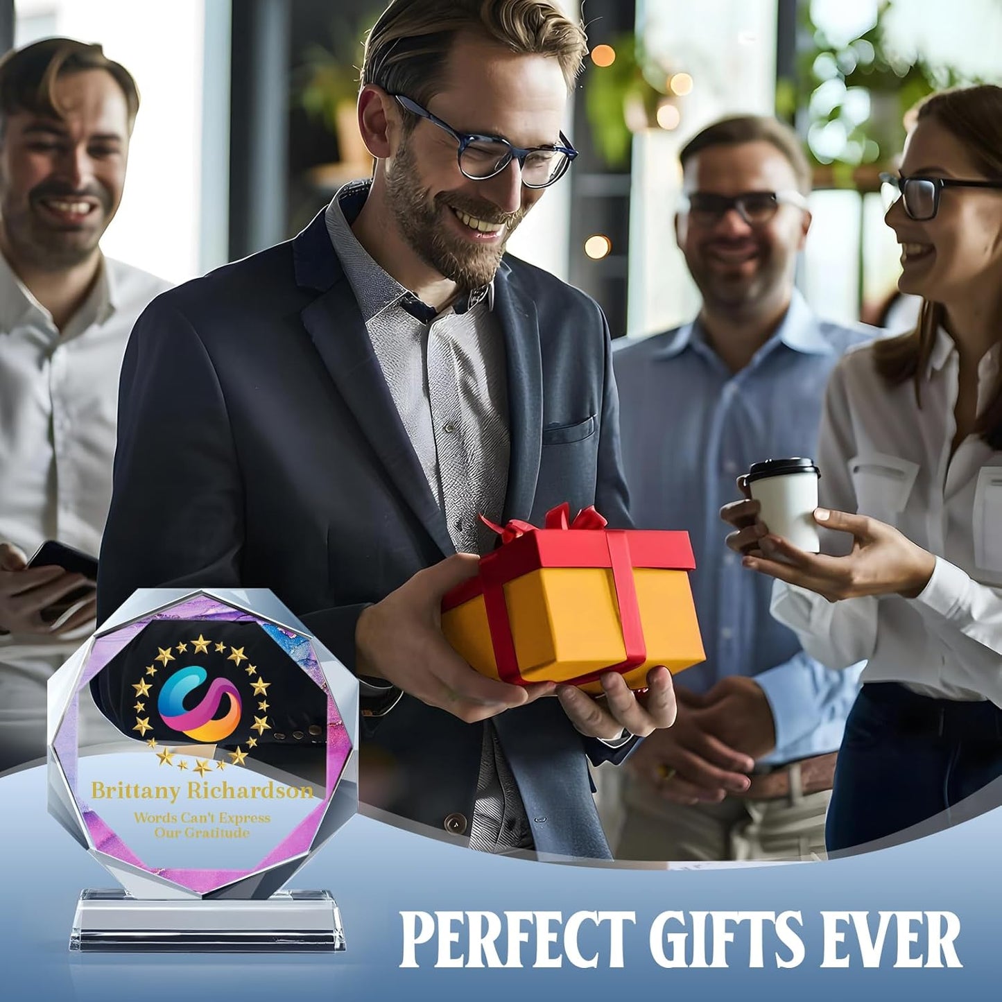 Personalized Crystal Trophy Award - Custom Plaque w/Engraved Text Logo - Employee Appreciation Gifts, Farewell Retirement Gifts - Custom Trophy and Employee Recognition Awards