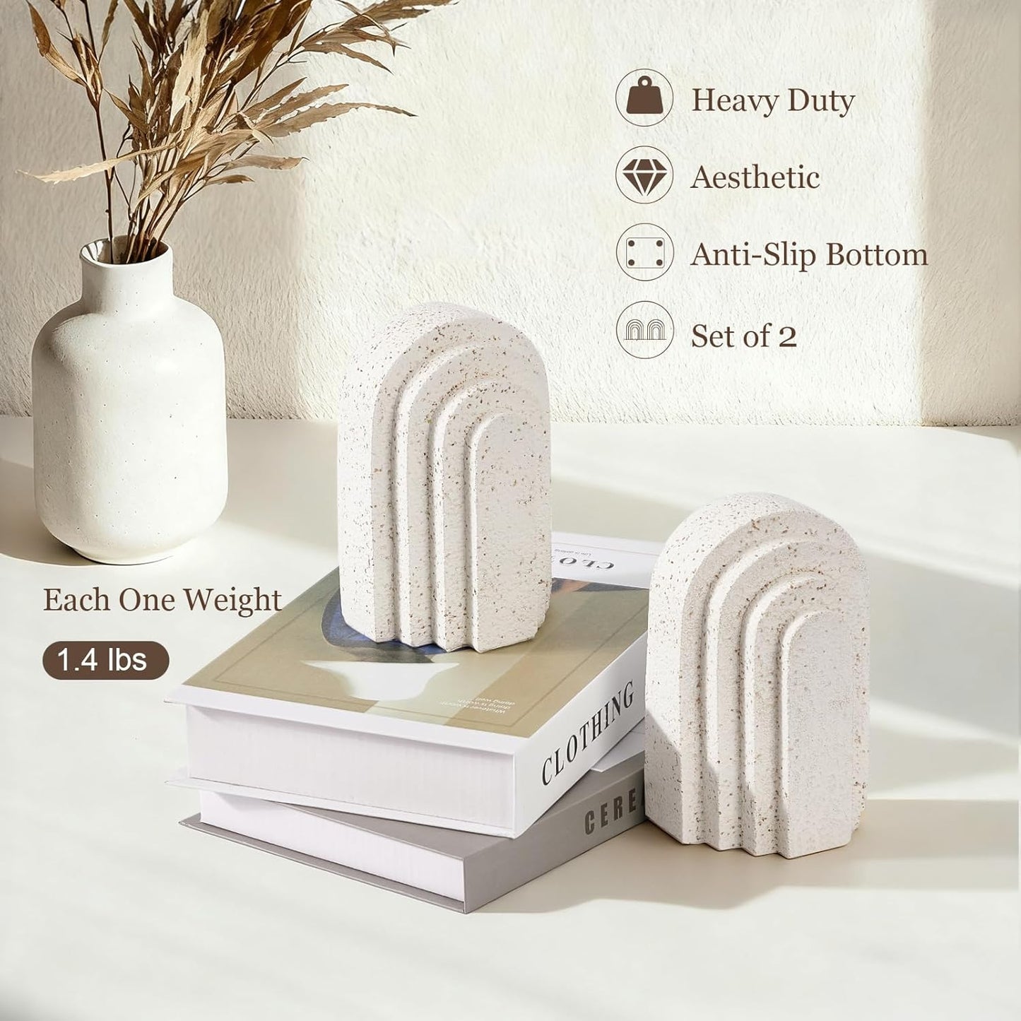 Heavy Duty Book Ends for Shelves Set of 2, Morden Decorative Bookends for Heavy Book, Aesthetic Resin Decor Book Stoppers, White Book End for Home Office Decorative