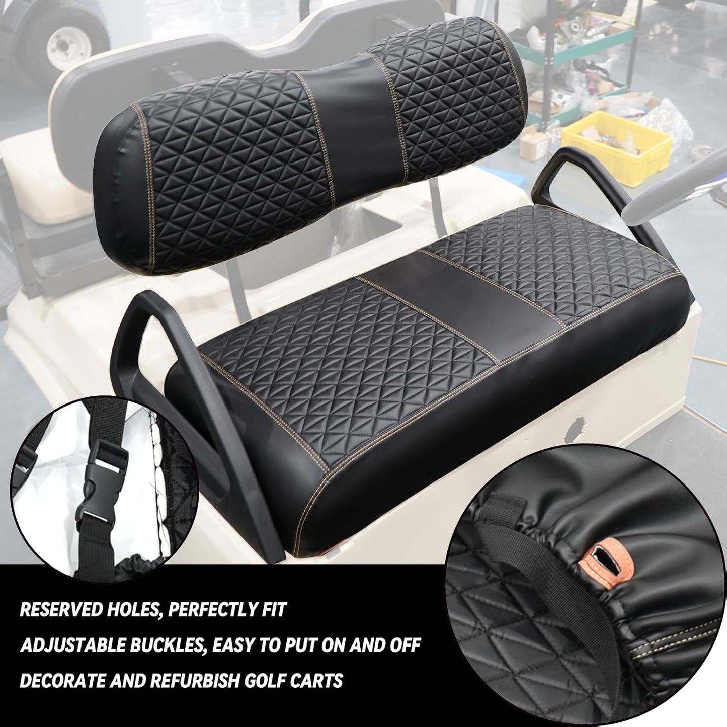 XUANYUDG0769 Golf Cart Front and Rear Seat Covers for EZGO TXT/RXV Club Car DS/Precedent Yamaha G29, Vinyl Leather Made/Adjustable Straps and Retractable Buckle/No Stapler Required,4PCS