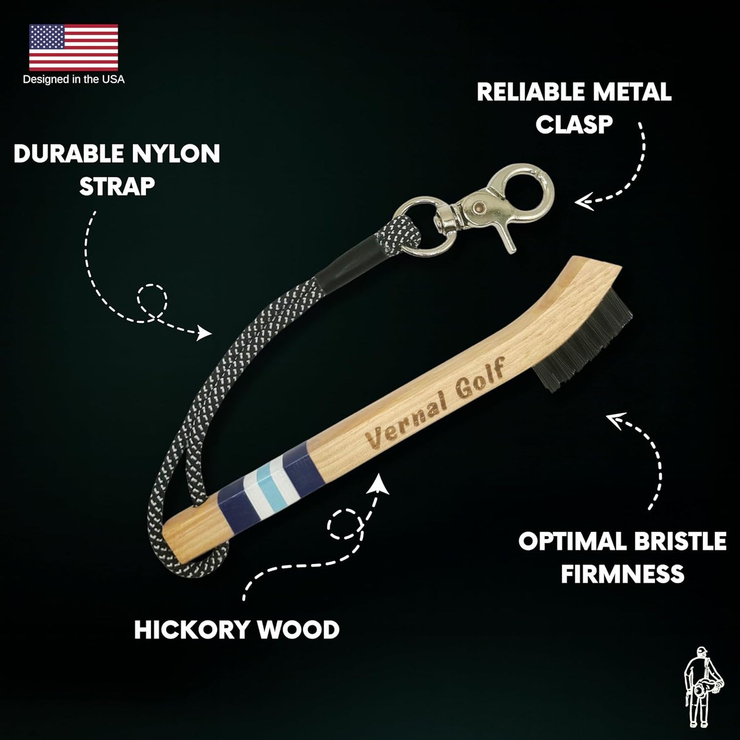 Golf Brush Made from Hickory Wood, Golf Club Groove Cleaner with Secure Clip Attachment for Bags and Carts - Golf Gifts for Men