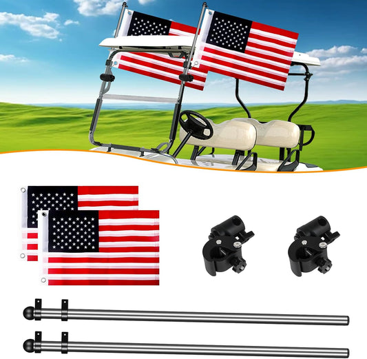 Golf Cart Flag Holder, 360° Rotatable & Height Adjustable, Universal Flag Pole for Yamaha EZGO Club Car Yamaha,Pole Bracket with 0.59"-1.25" Round Square Rails,1.9Ft USA Flag 1Pcs 2pcs