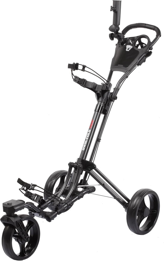 Golf Push Cart 3 Wheel with 360 Rotating Front Wheel, One Second to Open & Close, Lightweight Folding Golf Pull Cart with Foot Brake, Umbrella Holder, Cup Holder, & Storage Compartment