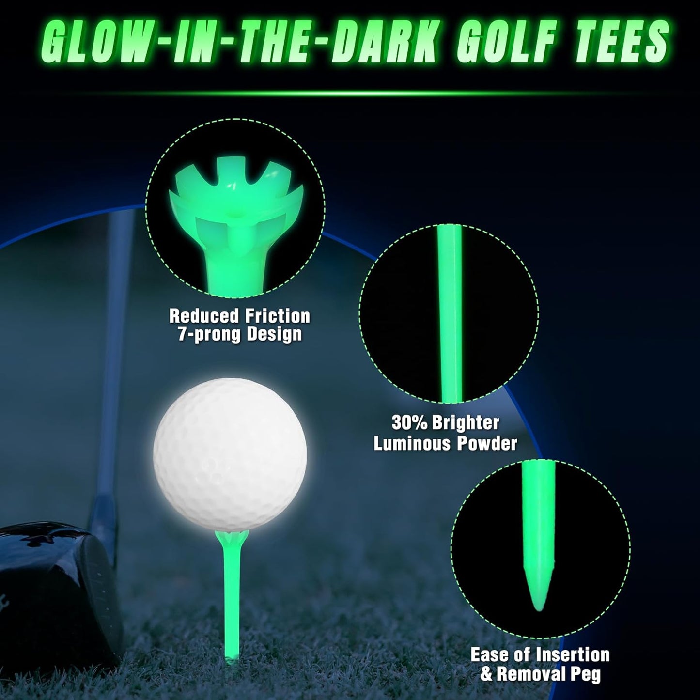 KINGTOP Glow-in-The-Dark Golf Tees, Fluorescent Green Light Up Golf Tee, Long-Lasting Illumination Perfect for Night Golf