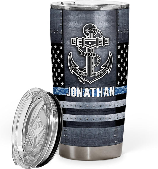 Personalized US Navy Military Veteran 20oz Tumbler With Lid - US Navy Flag Gifts - Soldier Academy Graduation Retirement Birthday Gifts