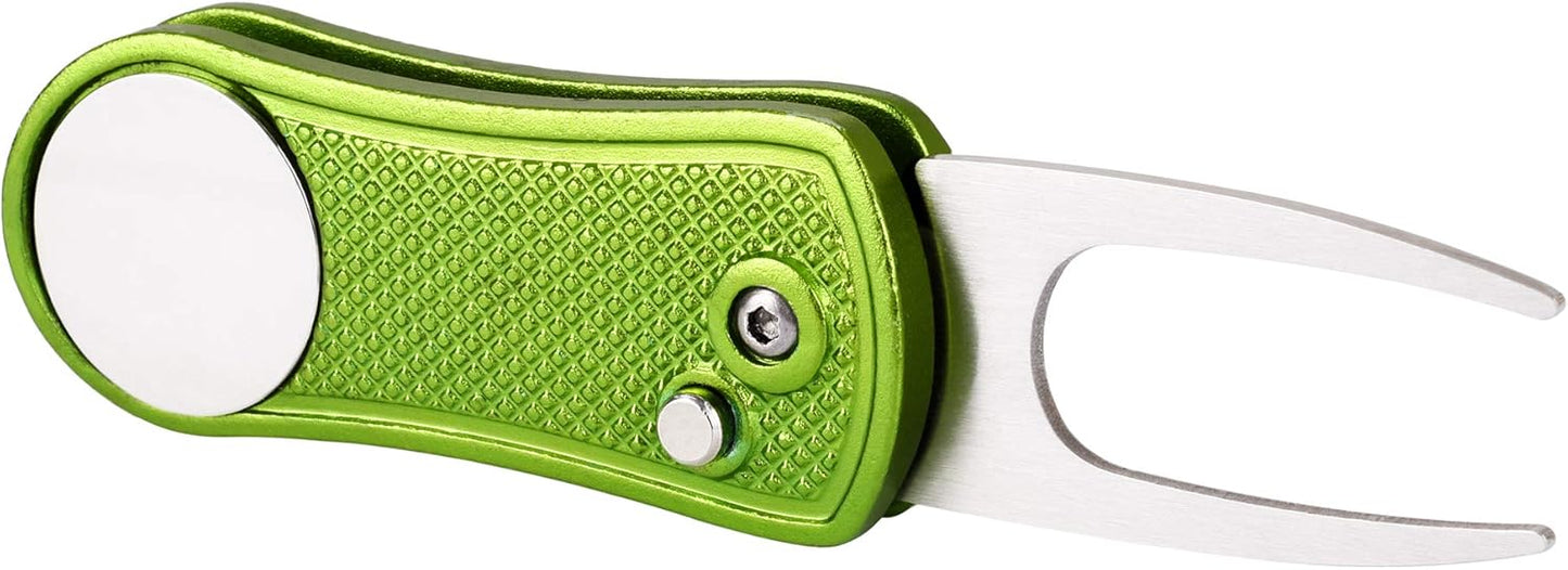 Mile High Life Golf Divot Repair Tool, All Metal Foldable Divot Tool with Pop-up Button & Magnetic Ball Marker