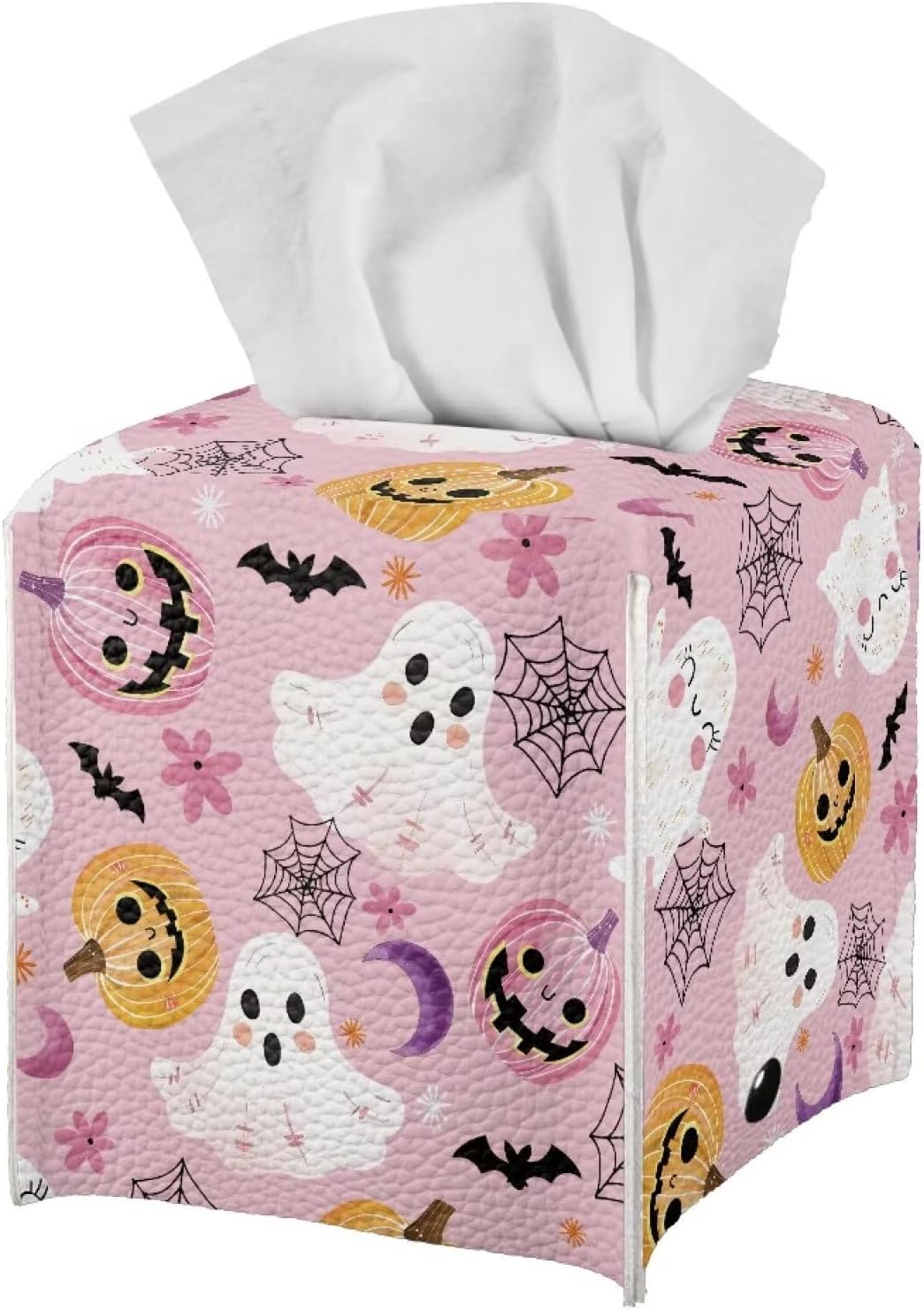 Cute Ghost Tissue Box Cover Square Tissue Box Holder Pink Facial Paper Organizer Home Decoration Accessories for Desk Bathroom Vanity Countertop, Pumpkin Spider Web Print