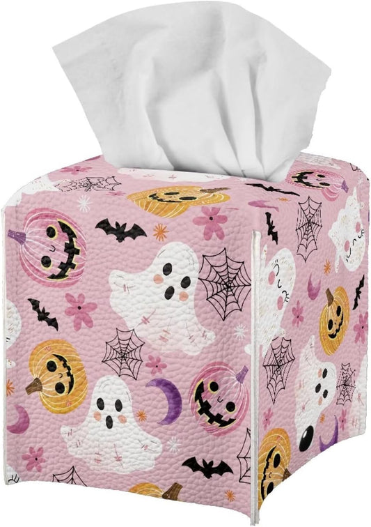 Cute Ghost Tissue Box Cover Square Tissue Box Holder Pink Facial Paper Organizer Home Decoration Accessories for Desk Bathroom Vanity Countertop, Pumpkin Spider Web Print