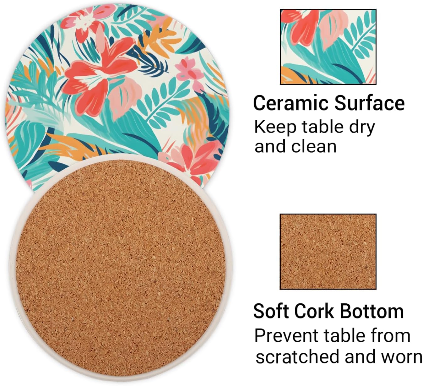 Ceramic Coasters for Drinks with Cork Back, Colorful Tropical Print 4 Inch Absorbent Coaster Set 2 Pack, Quick Dry Non-Slip Coaster Mats for Home, Office, Bar