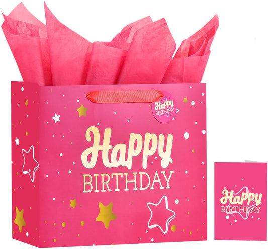 Powbrace 13" Pink Happy Birthday Gift Bag with Tissue Paper and Greeting Card for Party,Happy Birthday Gift Bag for Men Women,Gift Bags Medium size(1 PCS Pink Hot Stamping)