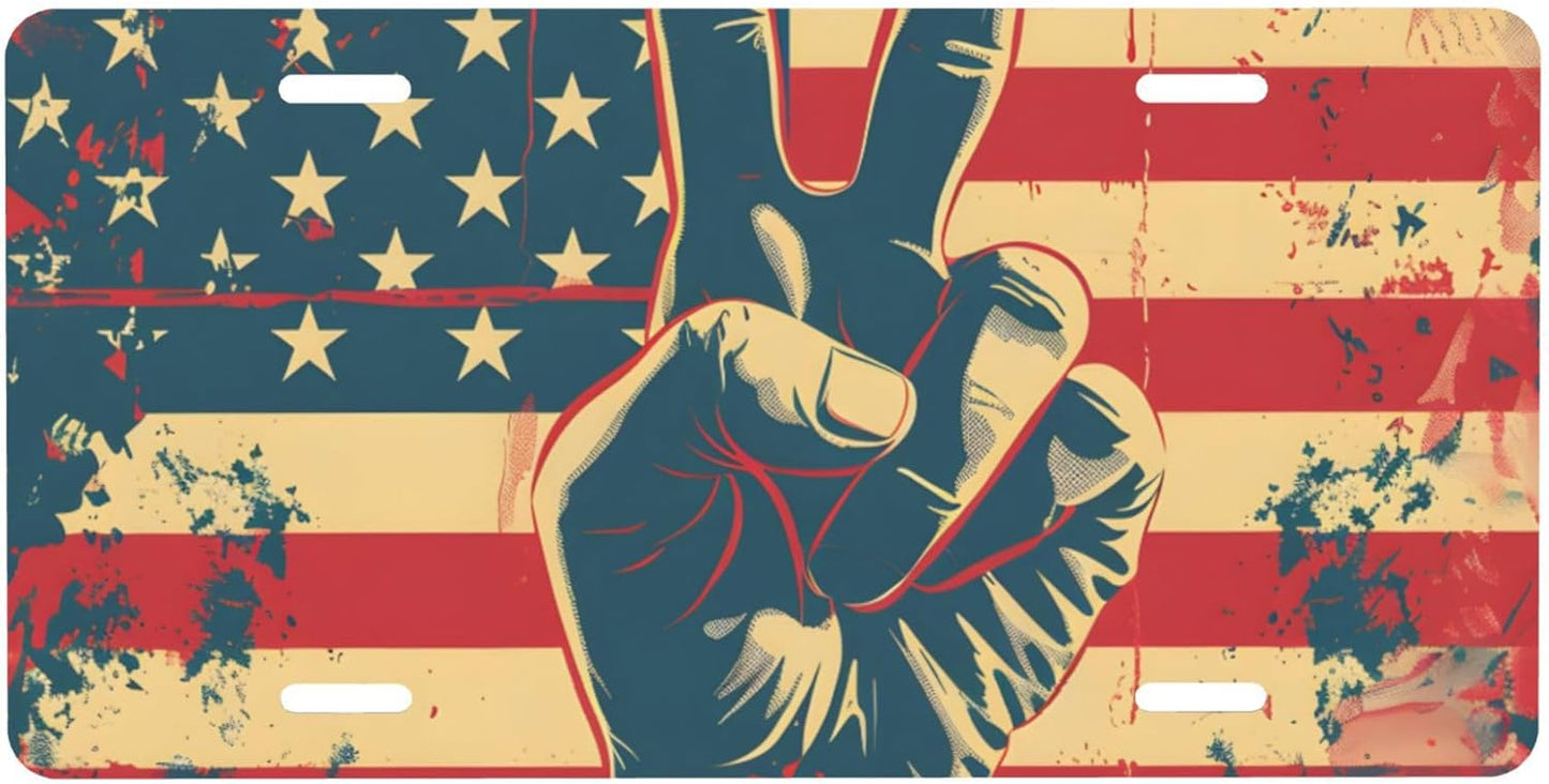 American Flag Peace Sign Front License Plate for Car Designs Stainless License Plate Cover Holder for Men Women Metal Aluminum Decorative Accessory Vanity Tag Standard 6 X 12 Inch (4 Holes)