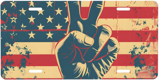 American Flag Peace Sign Front License Plate for Car Designs Stainless License Plate Cover Holder for Men Women Metal Aluminum Decorative Accessory Vanity Tag Standard 6 X 12 Inch (4 Holes)