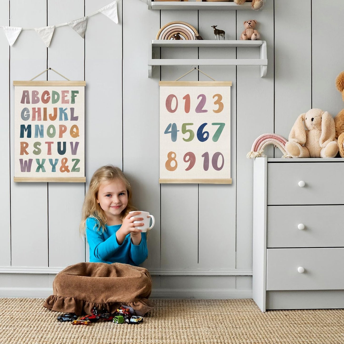 2-Pack Alphabet and Number Posters for Kids,Modern ABC and 0-10 Wall Chart Set on Natural Linen,Educational Decor for Toddlers, Preschool Classroom, Nursery, Playroom 14x18.5In (ABC+123)