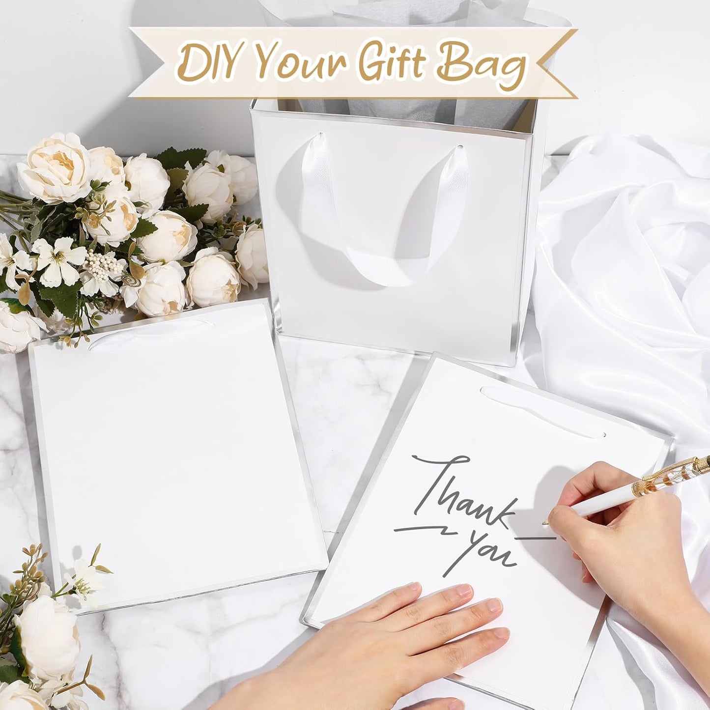 Yeaqee 24 Pack Metallic Paper Gift Bags with Handle and Tissue 9x7x3.1 Gold Foil Welcome Favor Bags Return Gifts for Wedding Fall 5 Senses Christmas Bridesmaid Birthday(White, Silver)
