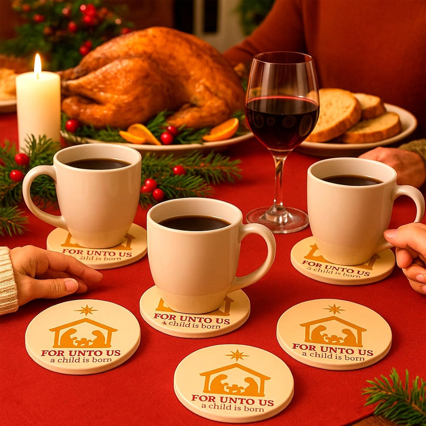 for Unto Us A Child is Born Nativity Scene Christmas Coasters Set of 4, Absorbent Ceramic with Non-Slip Cork Backing – Christian Religious Holiday Drink Coasters for Coffee Table, Home, Church Decor
