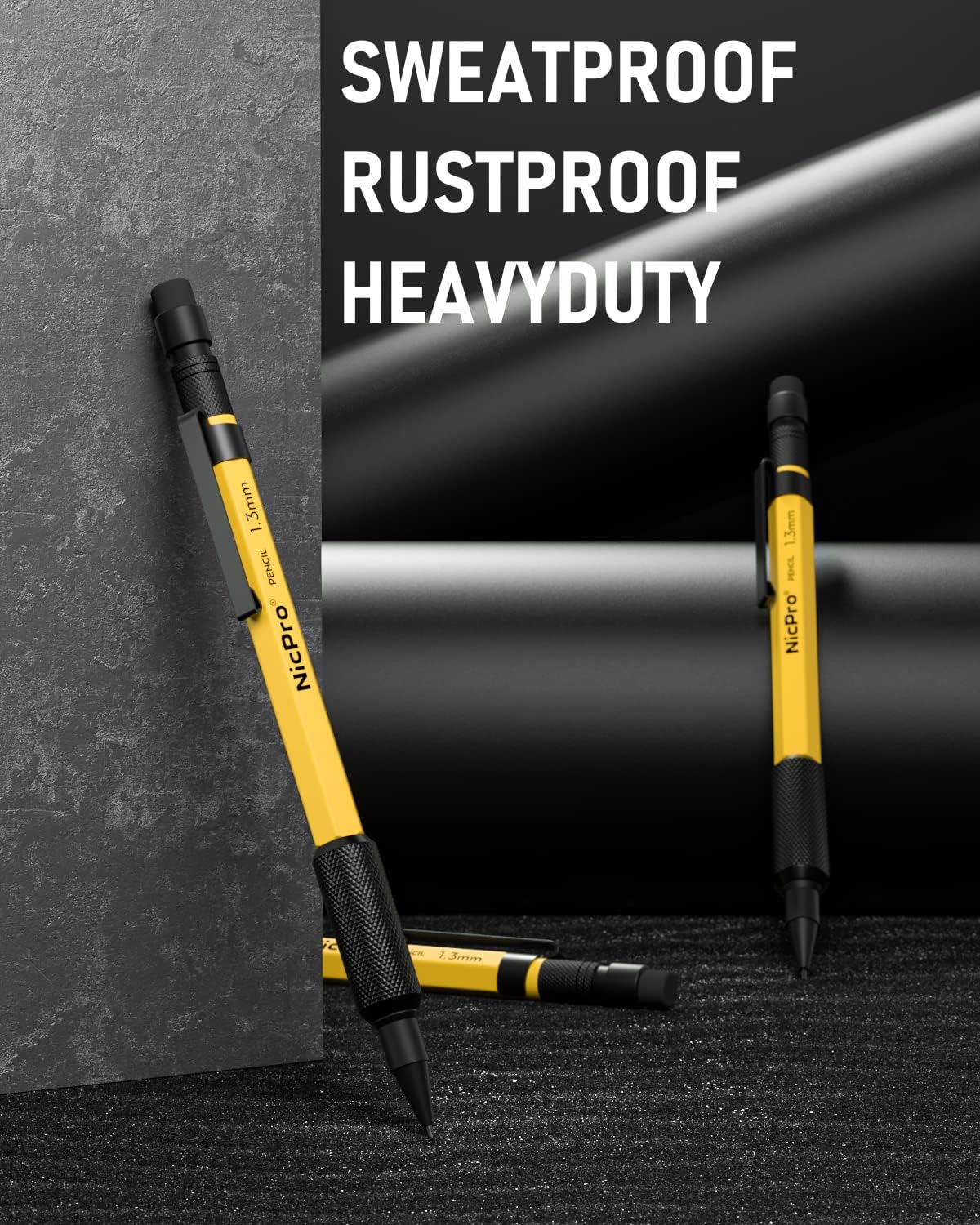 Nicpro 3 PCS 1.3 mm Mechanical Pencil Set with 72 Lead Refills, 3 Eraser - Weatherproof Metal Barrel, Heavy Duty Carpenter Pencil MP2000 for Outdoor Marking Drafting Drawing Woodworking - with Case