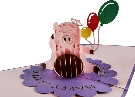 iGifts And Cards Cute Happy Pig Balloons Birthday 3D Pop Up Greeting Card - Awesome, Fun, Cool, Best Wishes, Unique, Funny, Celebration, Son, Daughter, Best Friend, BFF, Congratulations, Wow