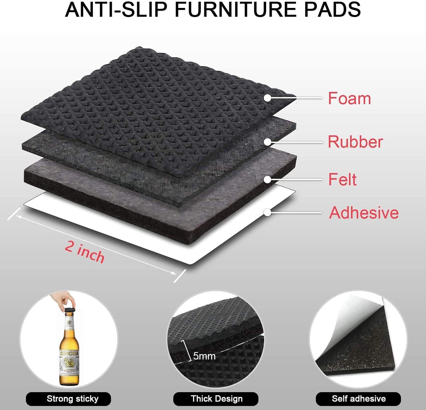 Yelanon Non Slip Furniture Pads - 52pcs Self-Adhesive Rubber Grippers, (1+2+2) Inch Thick Floor Protectors for Hardwood, Tile, Laminate, Keep Furniture in Place, Scratch & Noise Free
