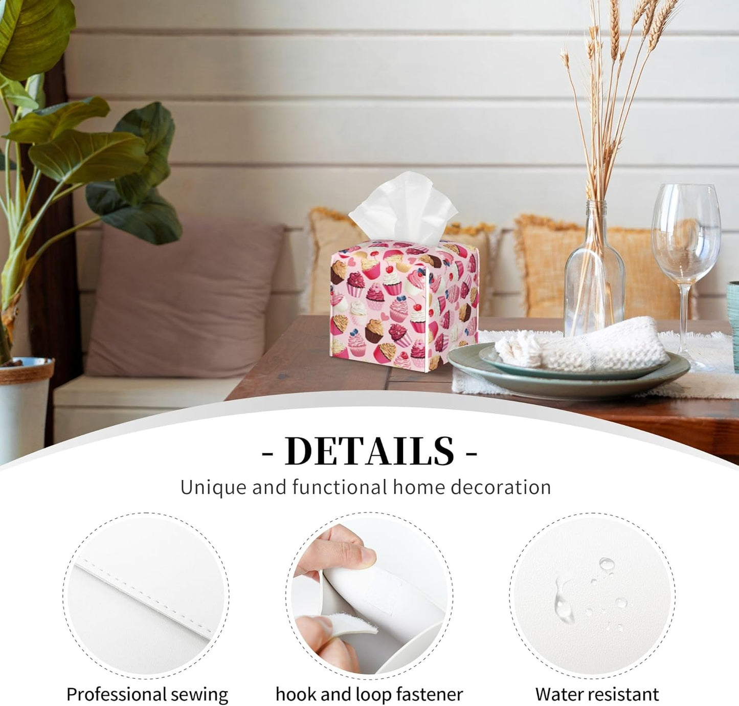 Tissue Box Holder Delicious Cupcakes Tissue Box Cover Square Leather Tissue Holder Organizer Portable Decorative Facial Paper Case for Home Office Bathroom Vanity Countertop
