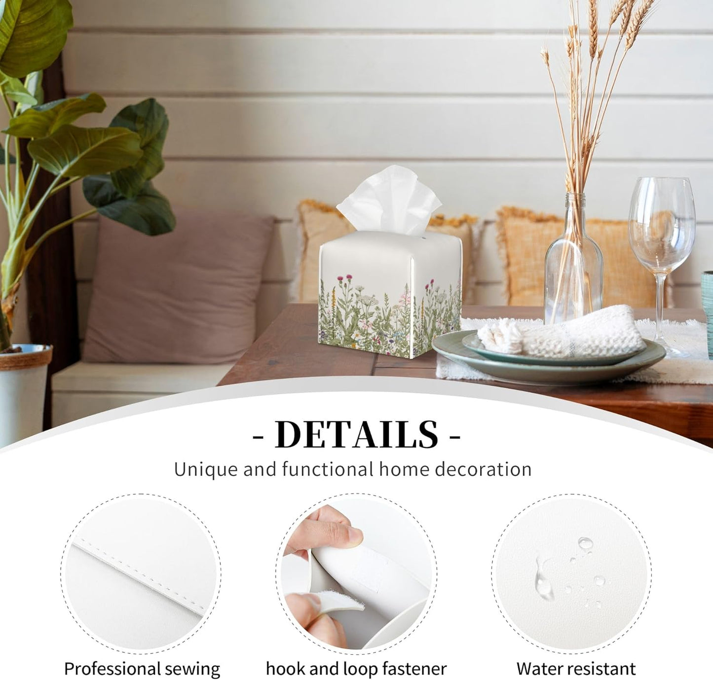 Tissue Box Cover Square, Herbs and Wild Flowers Leather Tissue Box Holder Decorative Organizer for Bathroom, Home Office Car Decor