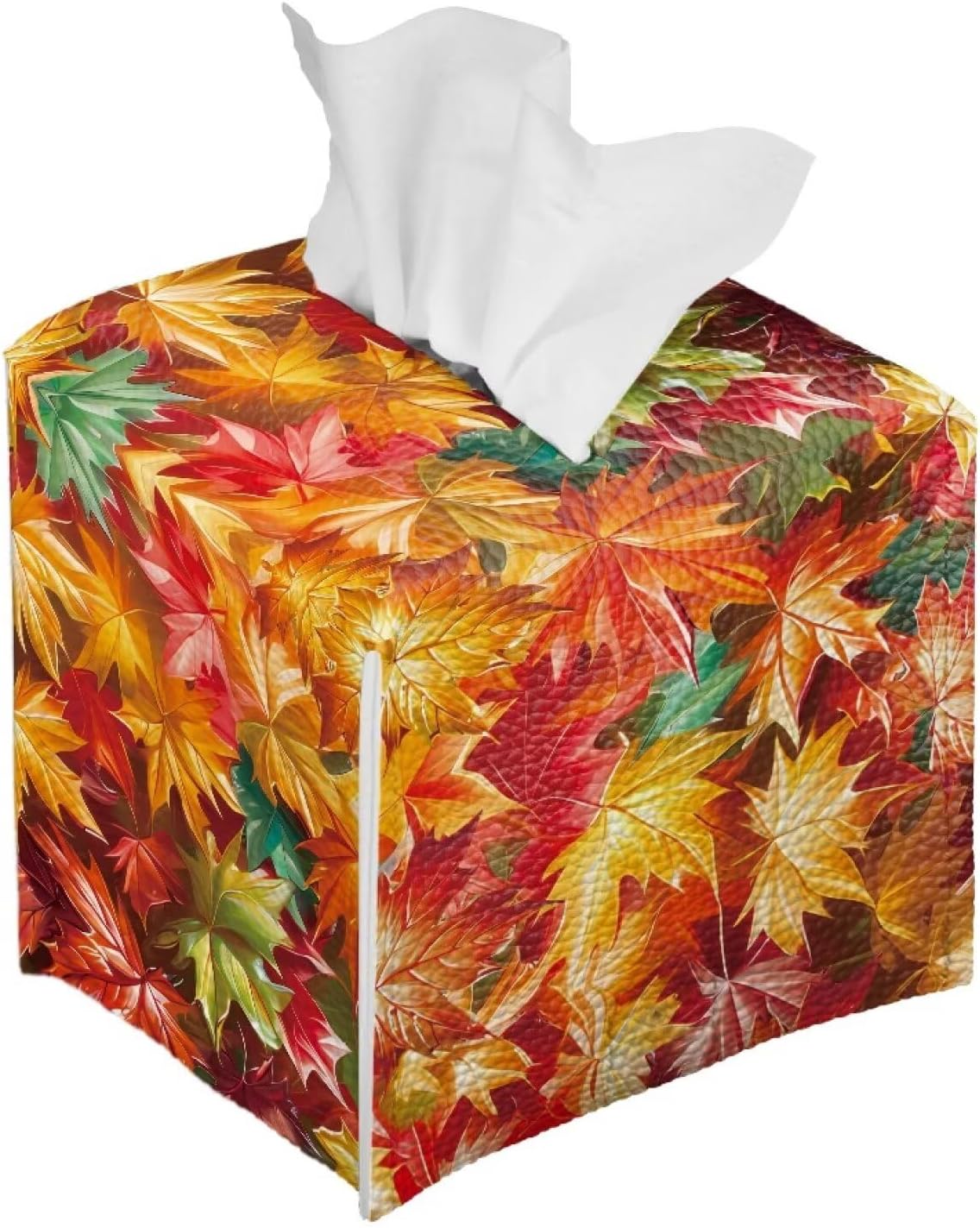 Maple Leaf Tissue Box Cover PU Leather Square Tissue Box Case Thanksgiving Theme Organizer Holder Foldable Waterproof Facial Paper Dispenser Easy to Install