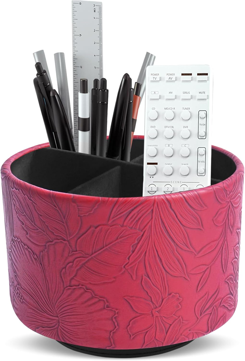 Hennaja Round Leather Art Supply Organizer,Remote Control Holder,360 Degree Spinning,Multi-Functional Pencil Holder,4 Compartments Desktop Stationary Organizer(1-Carved Red)