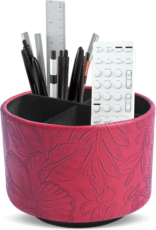 Hennaja Round Leather Art Supply Organizer,Remote Control Holder,360 Degree Spinning,Multi-Functional Pencil Holder,4 Compartments Desktop Stationary Organizer(1-Carved Red)