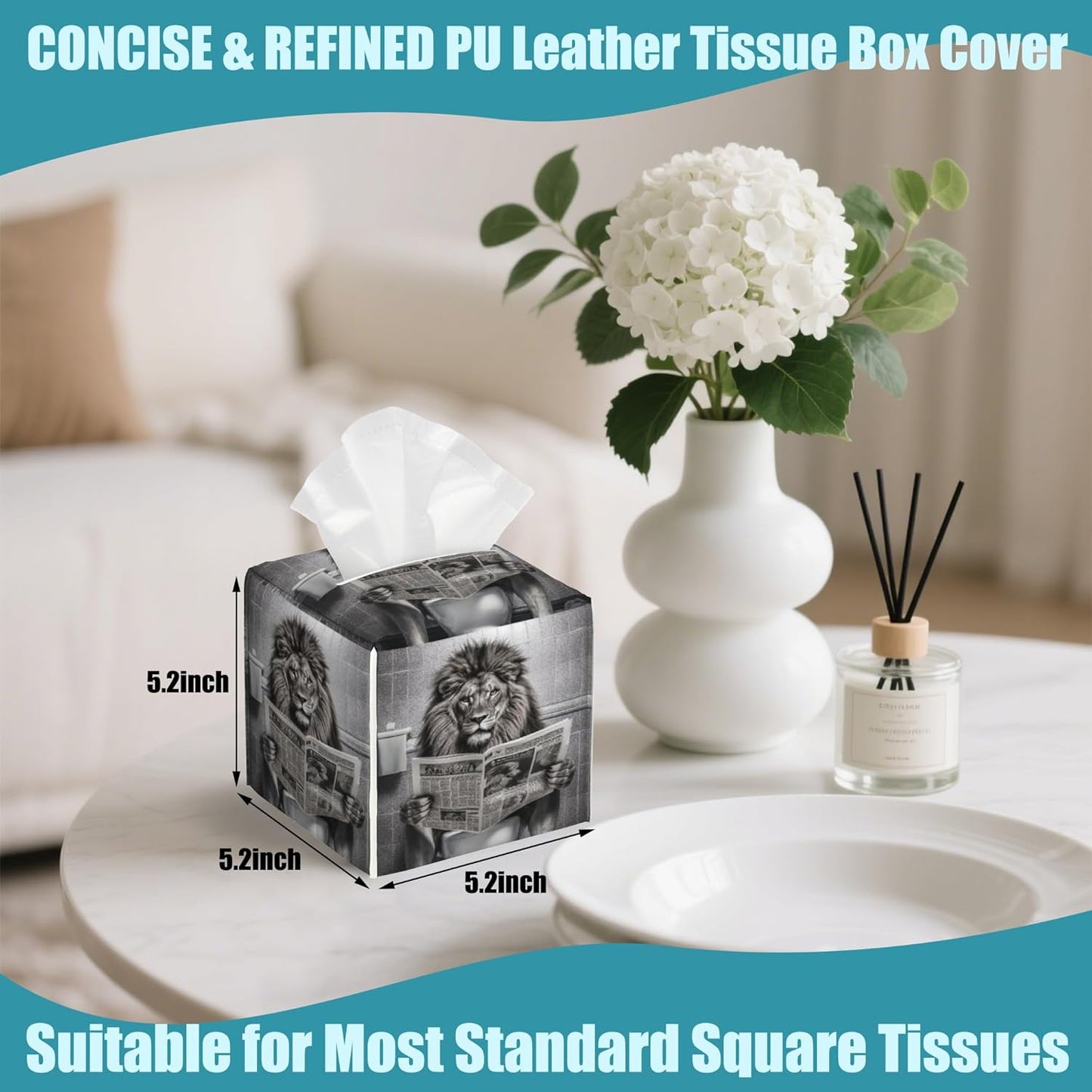 Lion Sit on Toilet Tissue Box Cover,Tissue Box Holder Square with Bottom Belt,Waterproof Leather Organizer Portable Decorative Facial Paper for Bedroom Dresser Night Stand Office,5.2" x 5.2" x 5.2"
