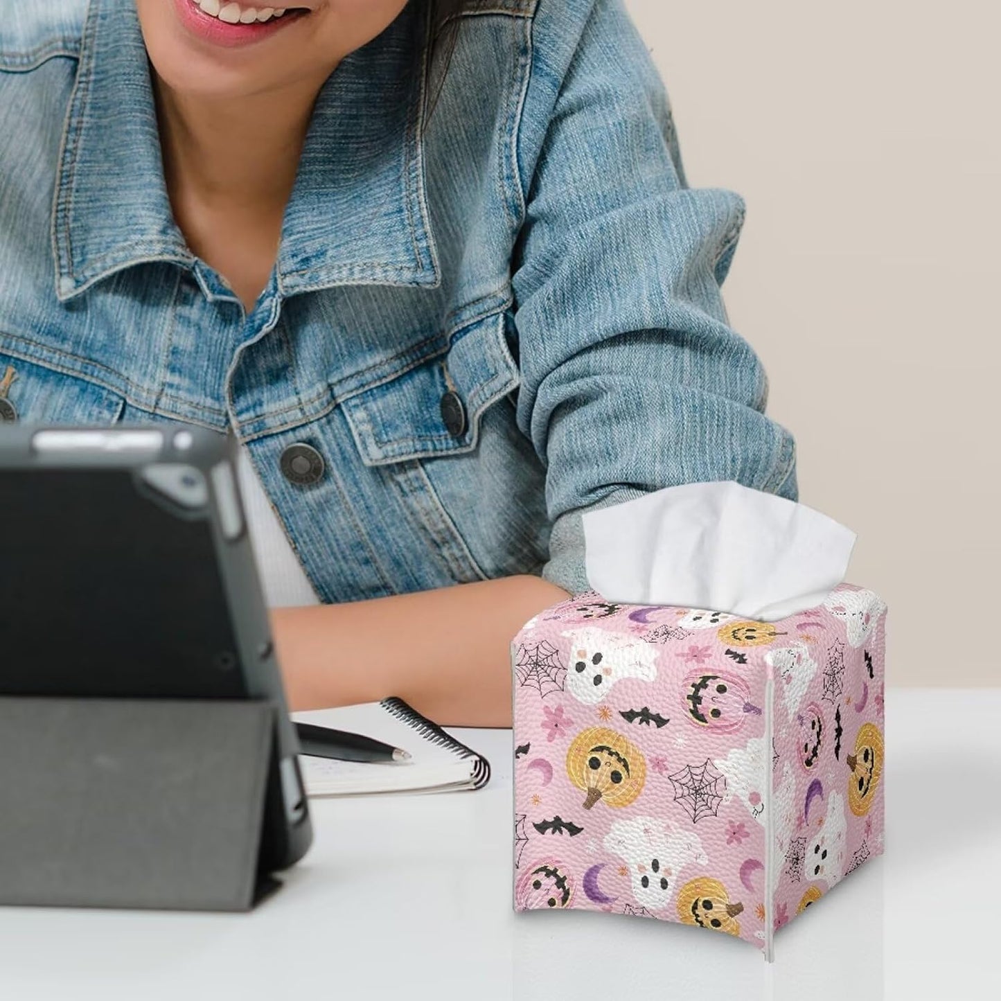 Cute Ghost Tissue Box Cover Square Tissue Box Holder Pink Facial Paper Organizer Home Decoration Accessories for Desk Bathroom Vanity Countertop, Pumpkin Spider Web Print