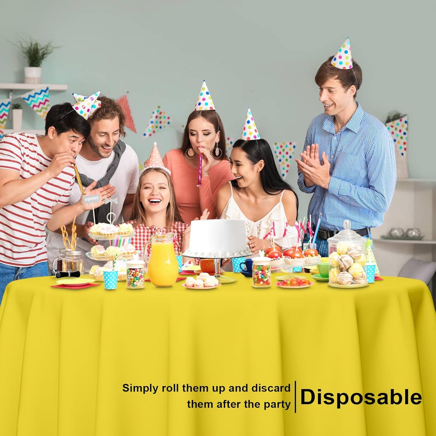 3 Pack Round Disposable Light Yellow Tablecloth, Light Yellow Plastic Table Cloths for Parties Disposable, 84x84 in Waterproof Camping Tablecloth for Birthday Party Baby Shower Picnic School