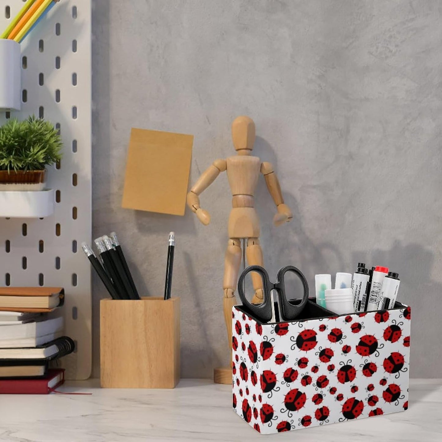 Pen Holder, Pencil Holder for Desk Organizer, Summer Red Ladybugs PU Leather Pencil Cups Desktop Stationery Storage Makeup Brush Holder Pen Organizer for Office Home