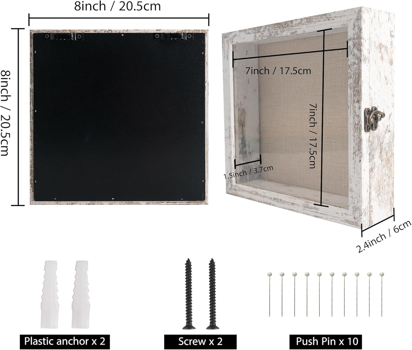 GraduatePro Shadow Box Frame 8x8 Display Case with Linen Back, Real Glass Window Door with Hinge, Picture Frame Wedding Bouquet Memorabilia Medals Photos Memory Box for Keepsakes, Rustic White