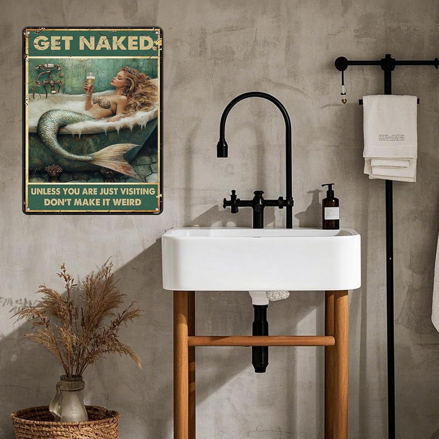 Vintage Tin Sign Metal Tin Sign Mermaid Get Naked Don't Make It Weird Metal Sign Iron Painting Retro Wall Decor Poster for Home Hotel Cafes Sign Gift 12x16 Inch