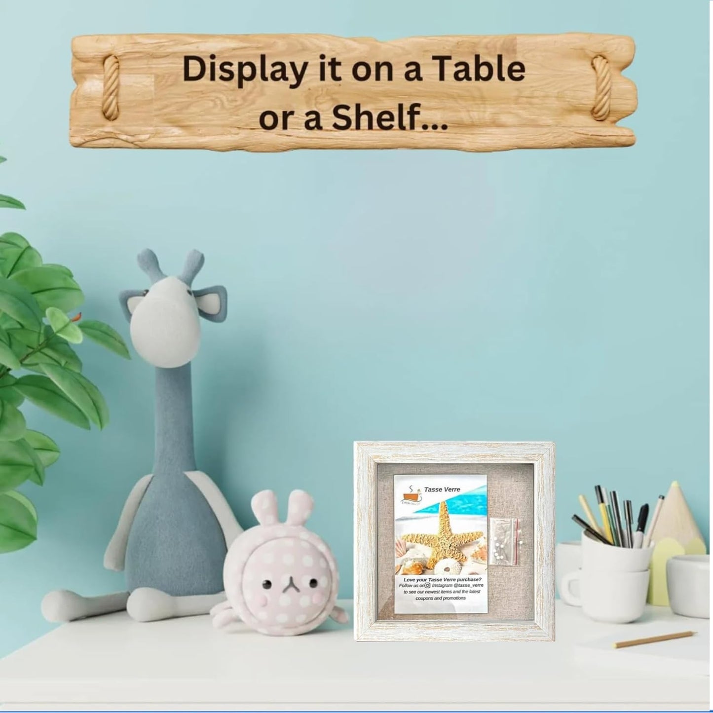 Tasse Verre 8x8 Rustic Display Shadow Box (2-Pack) Frame w/Linen Background and 16 Stick Pins - Ready to Hang Shadowbox Picture Frame - Box Display Baby Memorabilia Wedding