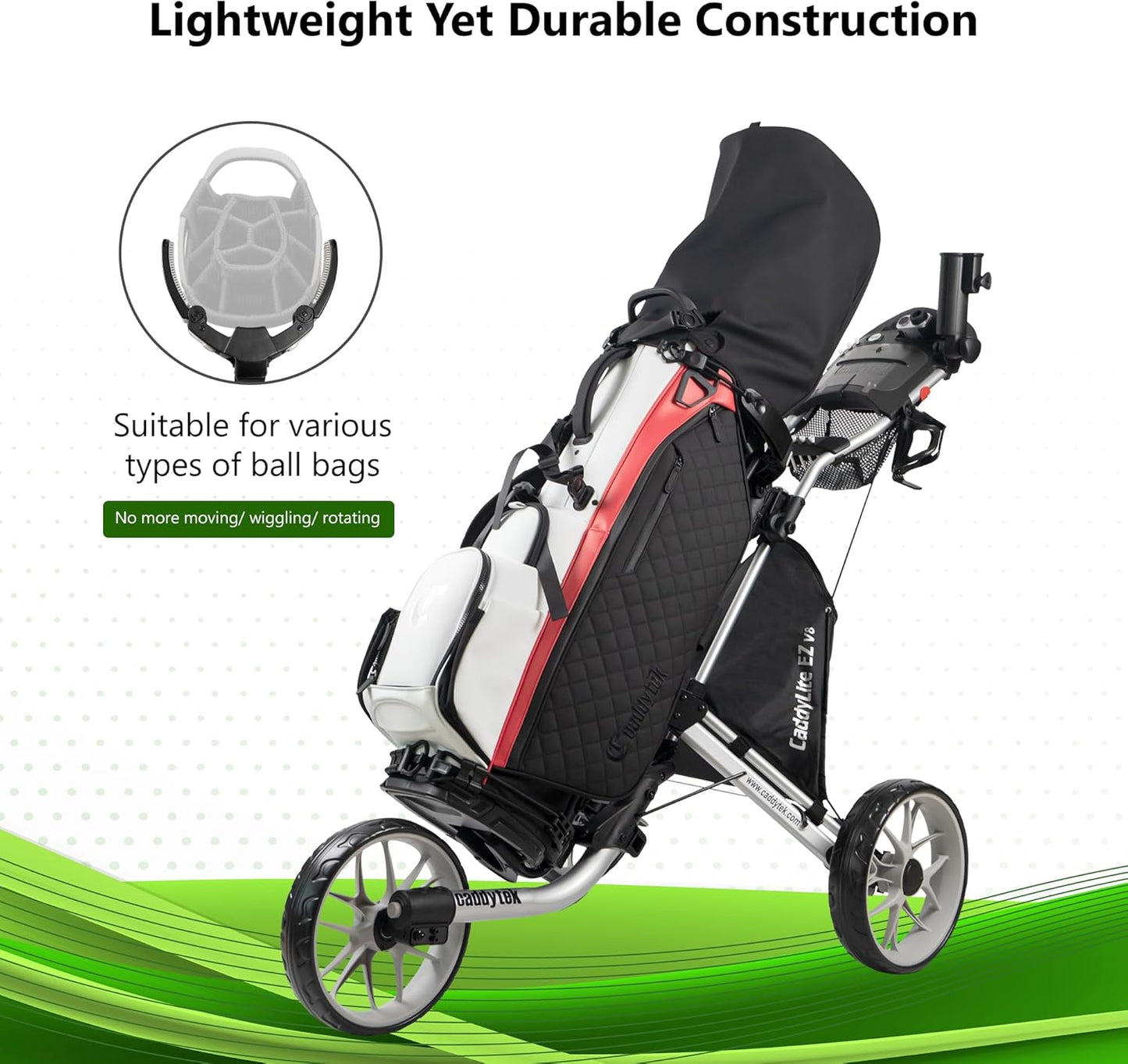 Caddytek CaddyLite EZ V8 Golf Push Cart - Lightweight 3 Wheel Foldable Cart with One-Click 2-Step Folding, EVA Wheels, Adjustable Handle, Cooler Basket, Umbrella & Drink Holder, Compact Golf Cart
